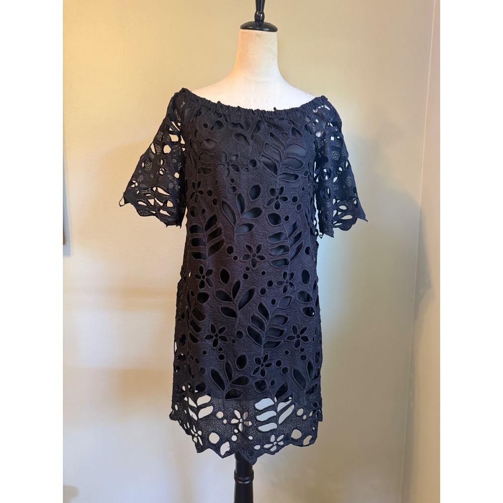 Boho resort cottage Black Eyelet Lace Off Shoulder Mini Dress Cutout Lined NEW y